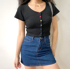 Rainbow Buttons U-Neck Tee Handmade