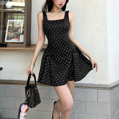 Elegant Polka Dot Sleeveless Suspender Waist Ruffle Dress