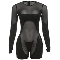 Long sleeve crewneck mesh patchwork zip-up romper