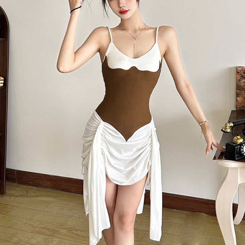 Contrast Color Panel Shirred Spaghetti Strap Dress