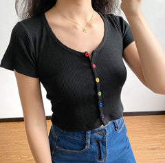 Rainbow Buttons U-Neck Tee Handmade