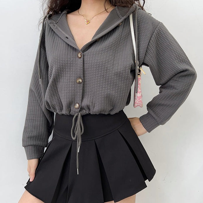 Waffle Drawstring Oversized Pullover