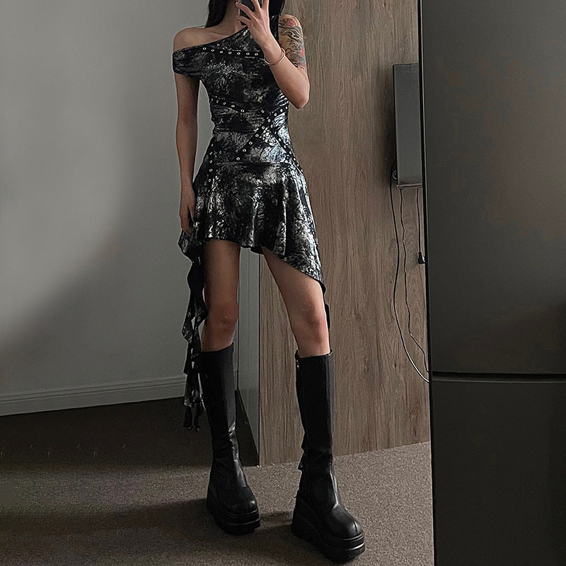 Slant Collar Distressed Print Slim Fit Ruffled Dress