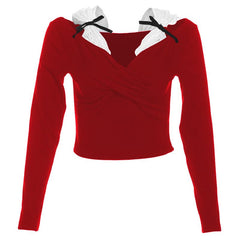 Long sleeve bowknot ruched lace ribbed crop top- Final Sale