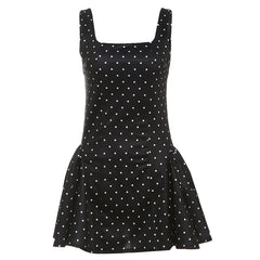 Elegant Polka Dot Sleeveless Suspender Waist Ruffle Dress