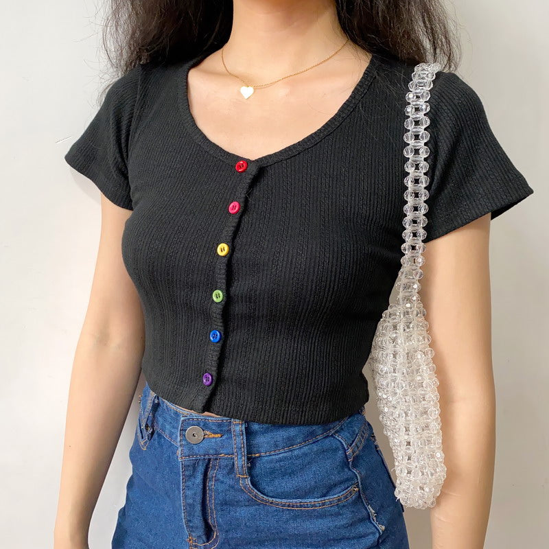 Rainbow Buttons U-Neck Tee Handmade