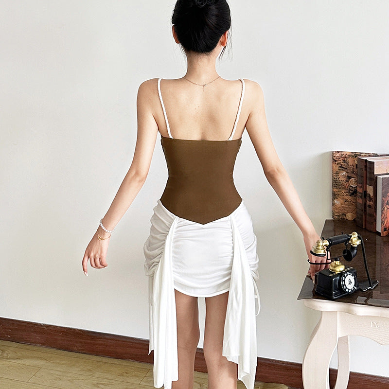 Contrast Color Panel Shirred Spaghetti Strap Dress