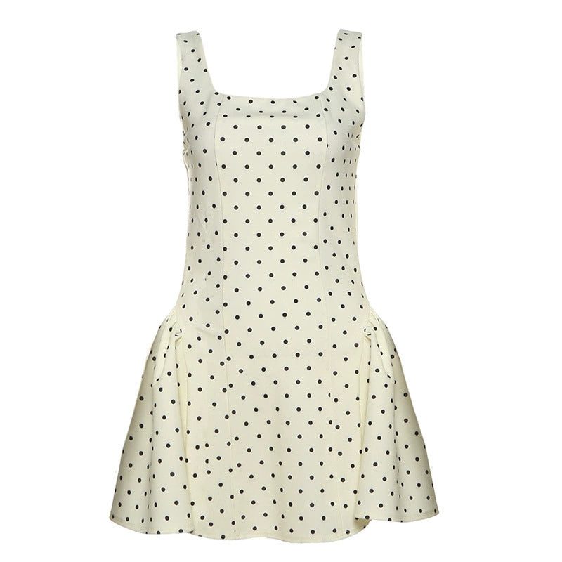 Elegant Polka Dot Sleeveless Suspender Waist Ruffle Dress