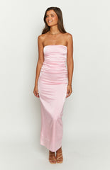 Pink Bloom Satin Strapless Maxi Dress