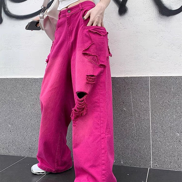 00s Kids Pink Star Ripped Baggy Jeans