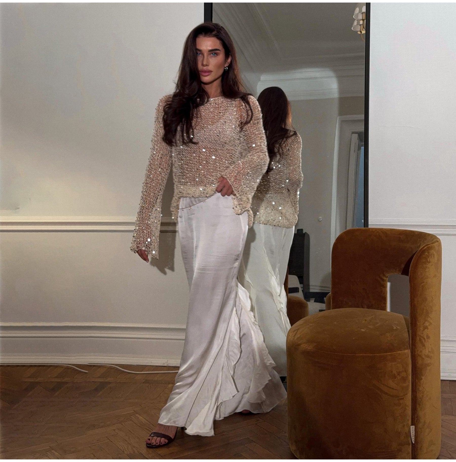 Sequin Knit Sheer Long Sleeve Blouse
