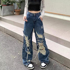 Ripped Lace Up Baggy Jeans