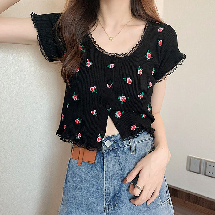 Rose Ribbed Button Up Top