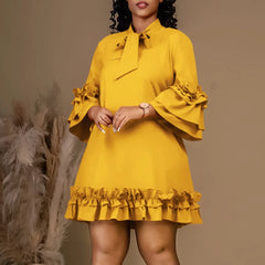 Women Solid Pleated Ruffles Hem High Neck Mini Dress
