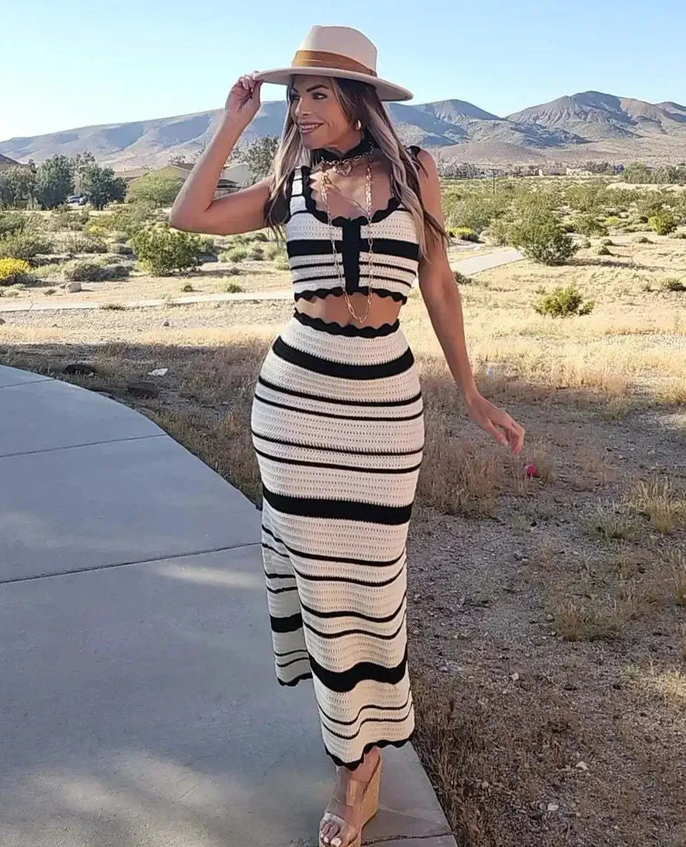 Striped Contrast Knitted Top and Long Skirt Set