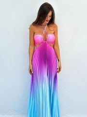 Satin Gradient Pleated Sleeveless Maxi Dress