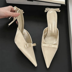 Silk Butterfly-Knot Thin High Heels Mules Shoes