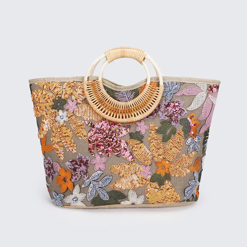 Embroidered Sequin Straw Tote Bag