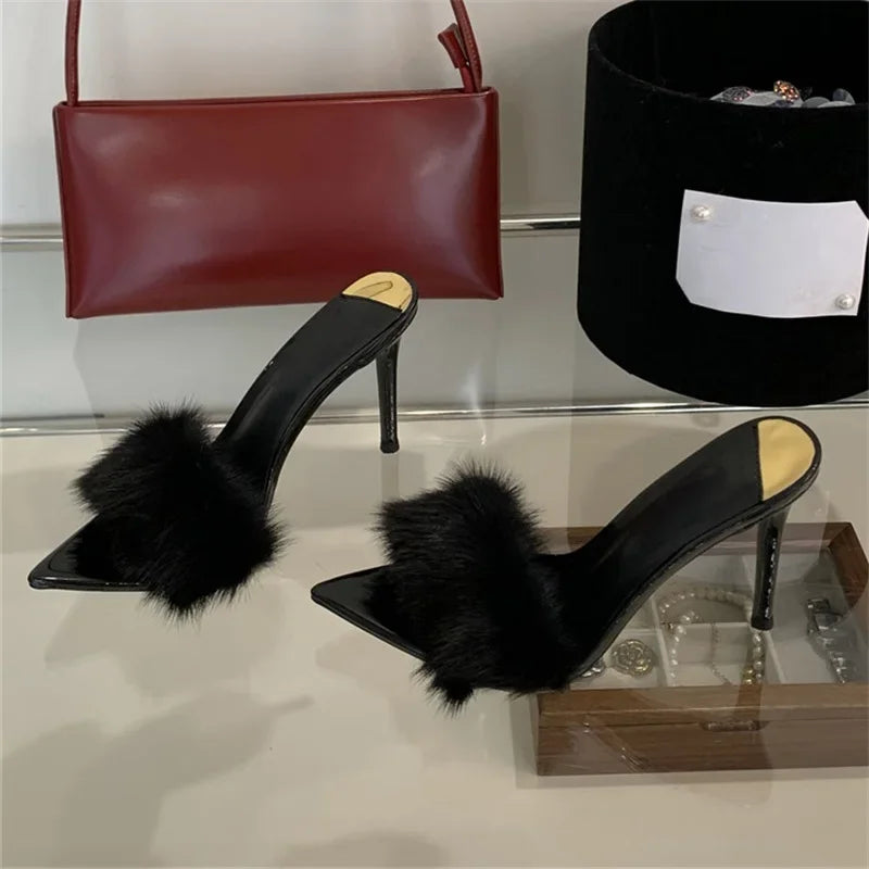 Faux Fur Open Toe Thin High Heels Sandals