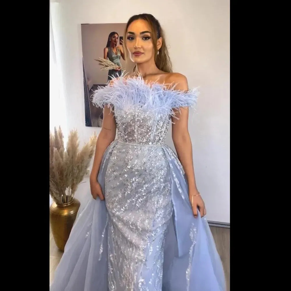 Feathers Off-shoulder Side Slit Overskirt Party Dress