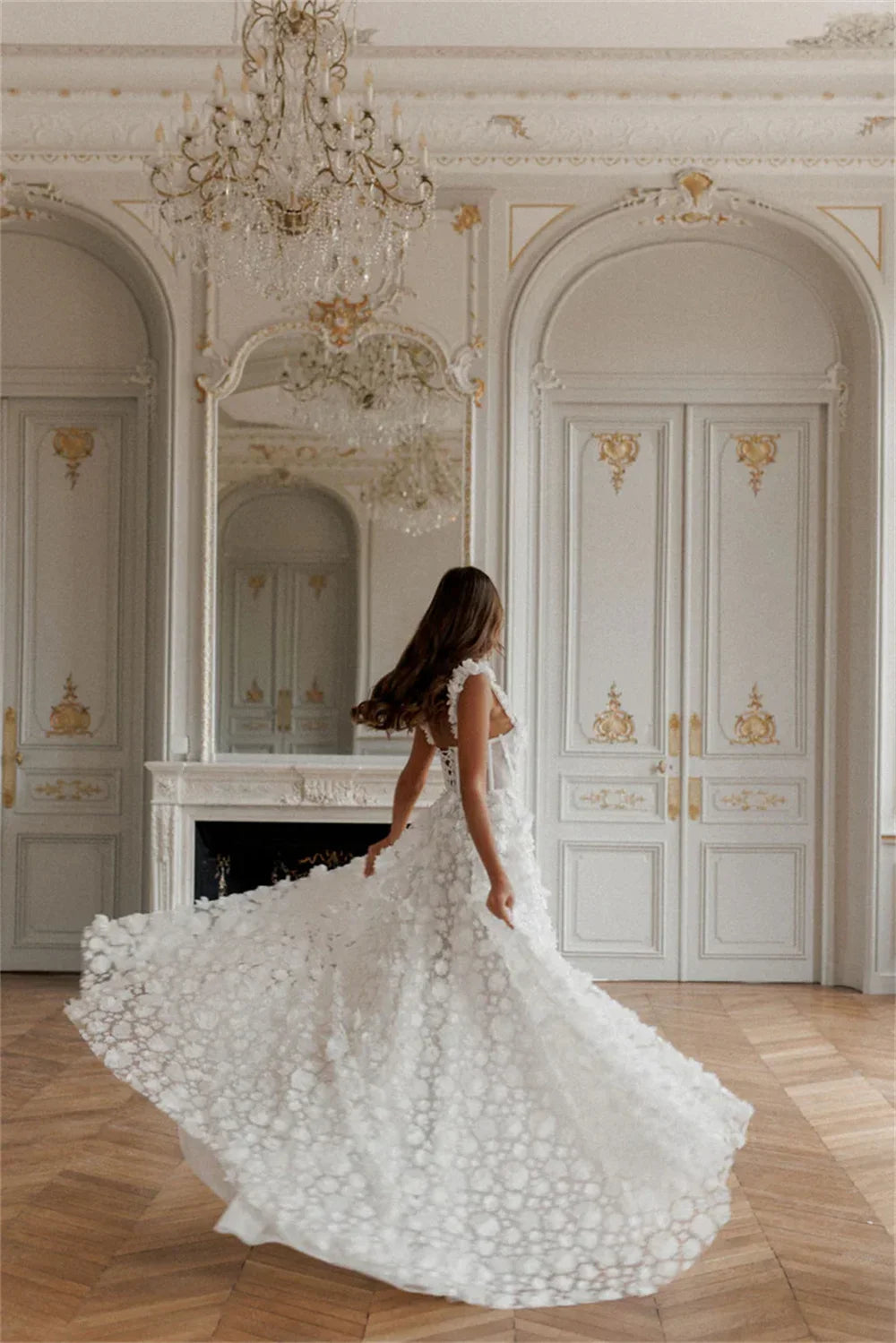 3D Flower Lace-up Back Side High Split Evening Dress