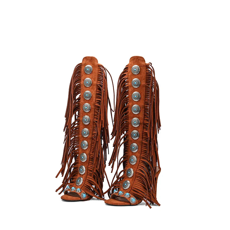 Tassels Lace up Cover Heel Knee high shoes