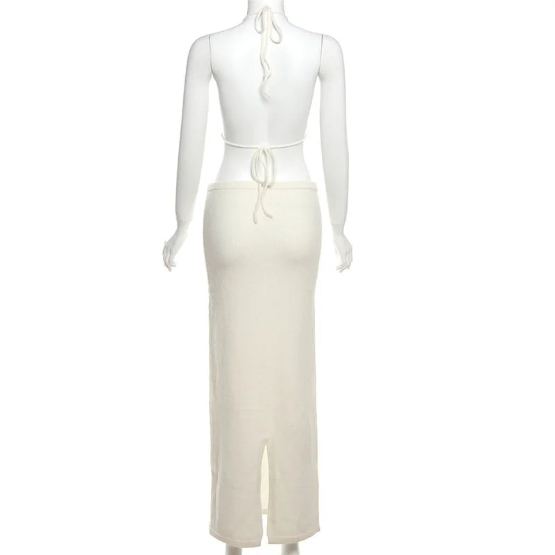 Floral Tassel Open Back Knitwear Long Skirt Sets