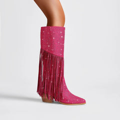 Tassel Rhinestone Round Head Thick Heel High Sleeve Knee Length Boots