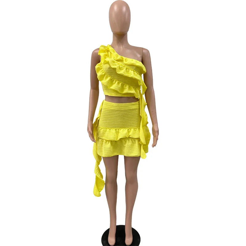 Ruffles Ribbons One Shoulder Top Mini Skirts Suits