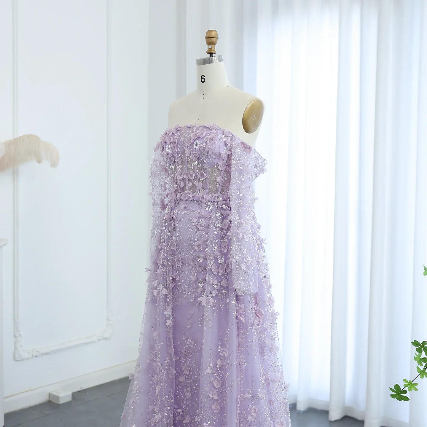 3D Flowers Evening Dress with Overskirt Long Sleeves
