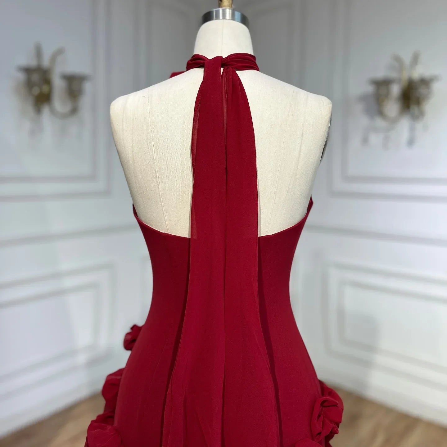 Red Flower Tulle Embroidered Strapless Maxi Dress