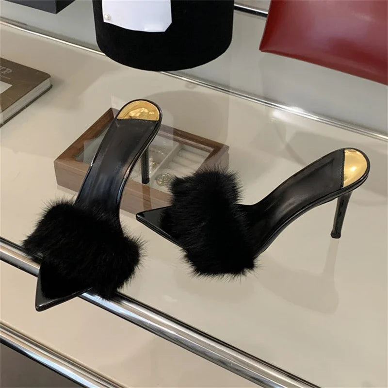 Faux Fur Open Toe Thin High Heels Sandals