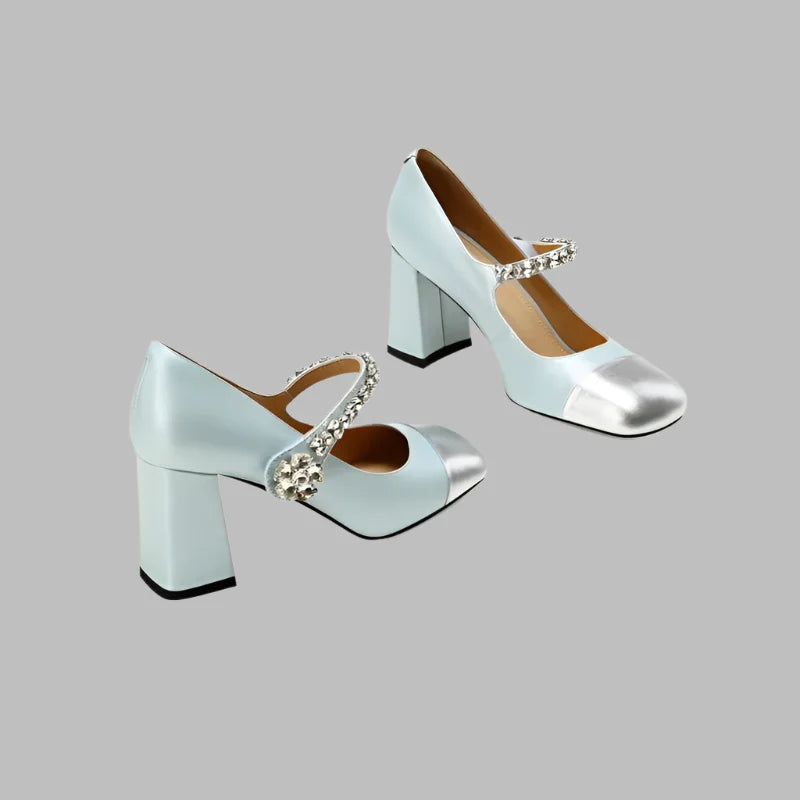 Square Head Diamond Chunky Heels Mary Jane Shoes