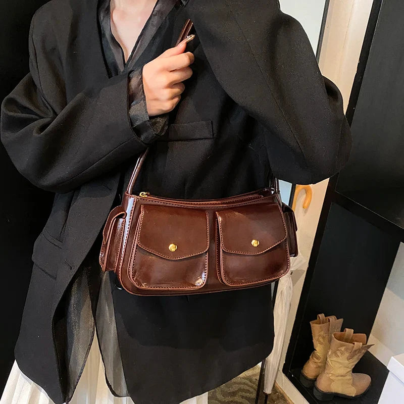 Faux Leather Small Double Pockets Underarm Bags