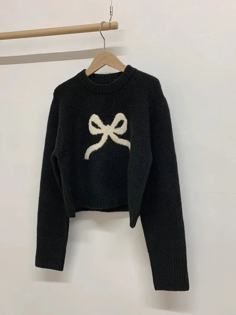 Cute Bow Knitted O neck Long Sleeve Sweater