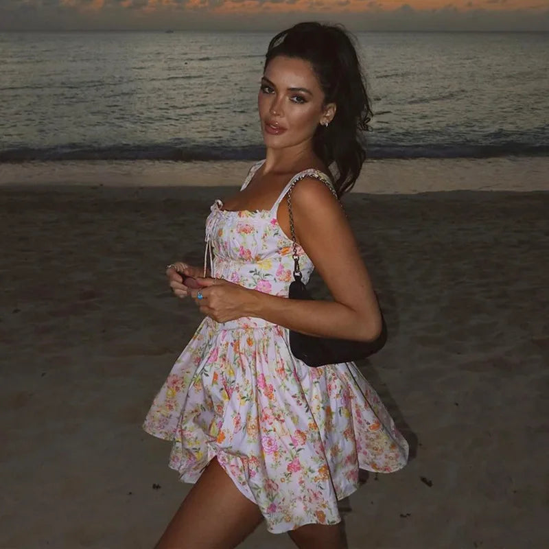 Flower Printed Open Back A-line Corset Mini Dress