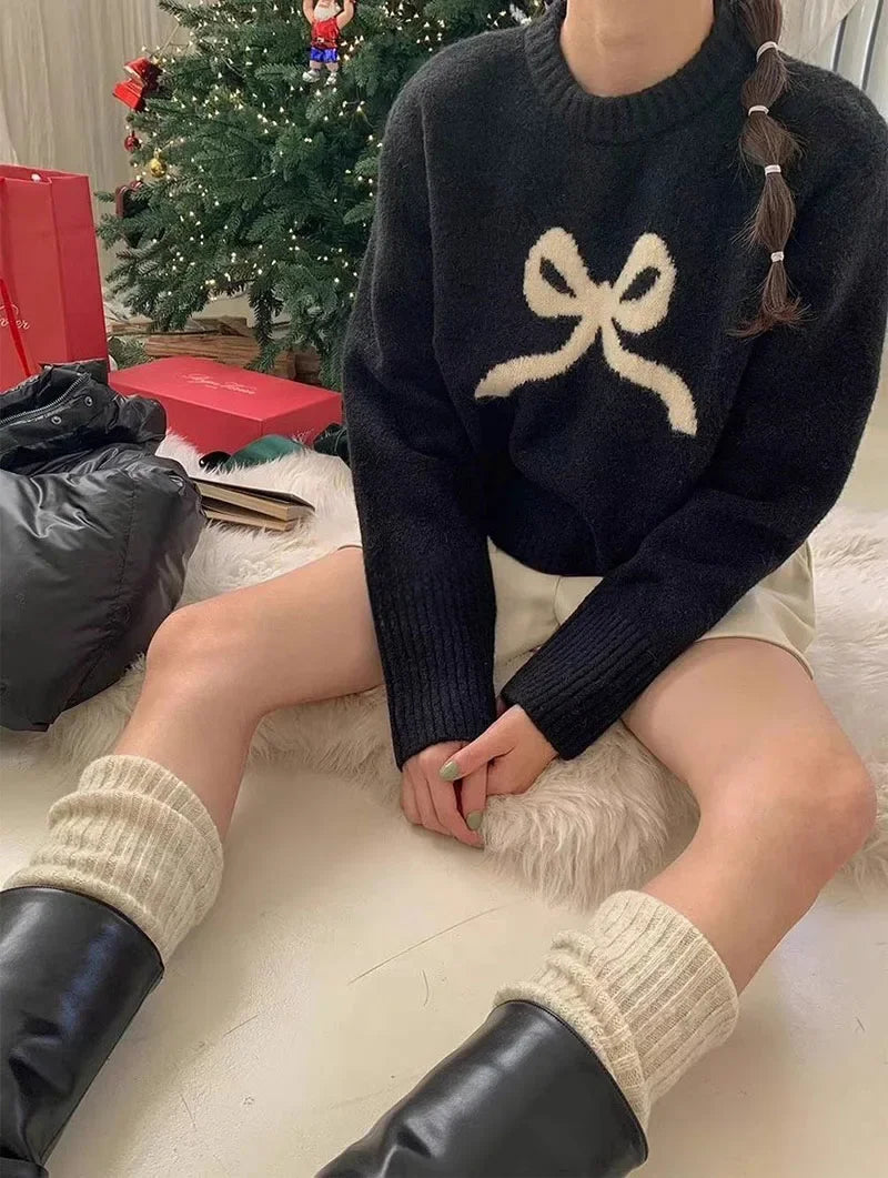 Cute Bow Knitted O neck Long Sleeve Sweater