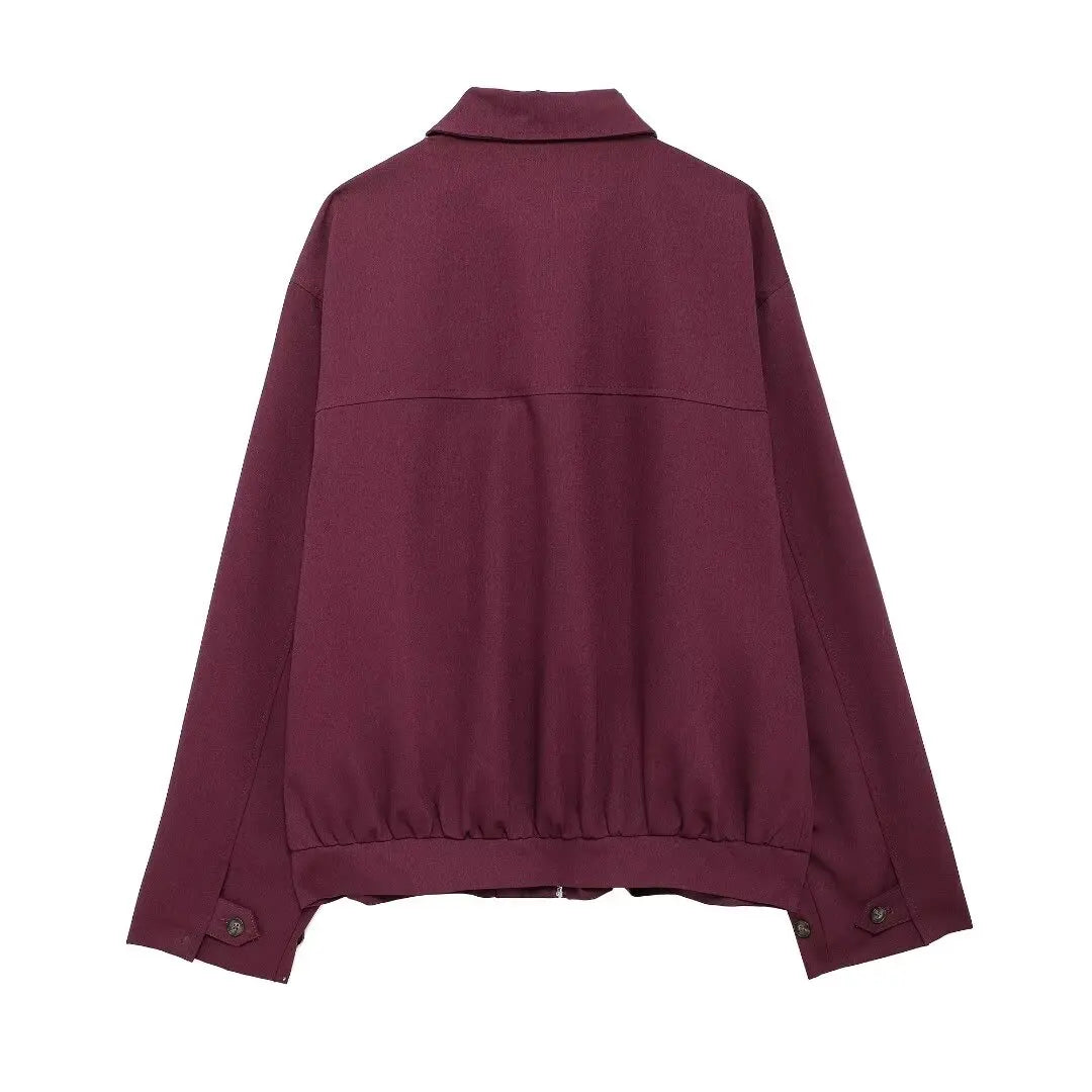 Zipper Lapel Burgundy Color Jacket and Skirt Suit