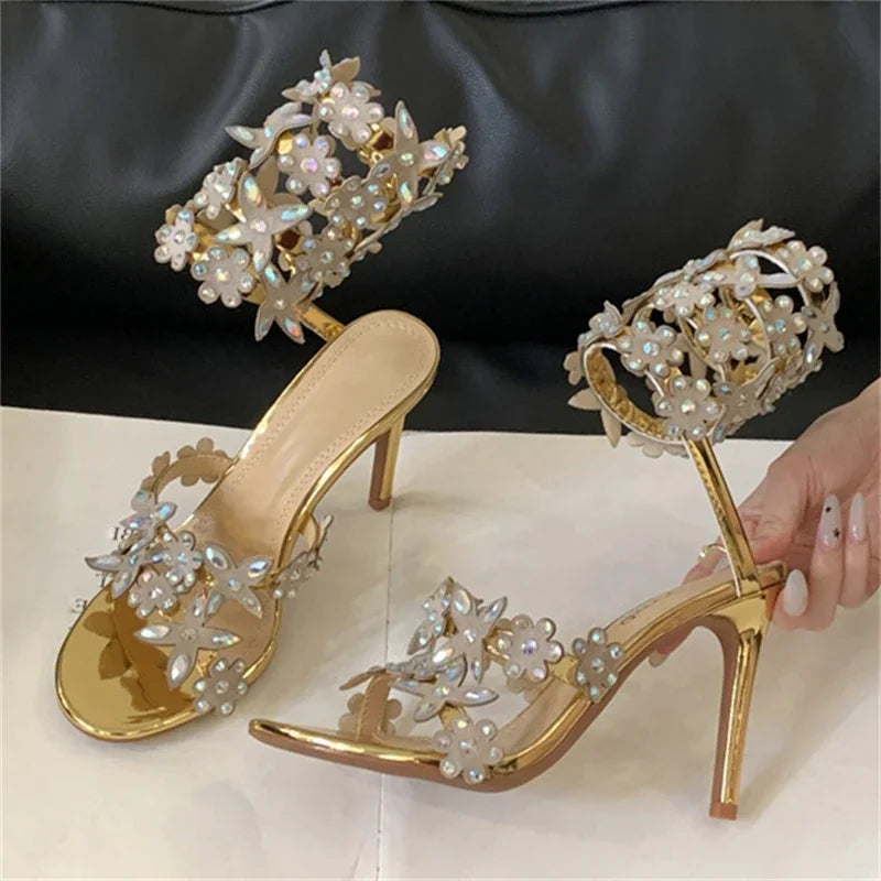 Flower Crystal Rhinestone Ankle Strap Banquet Shoes