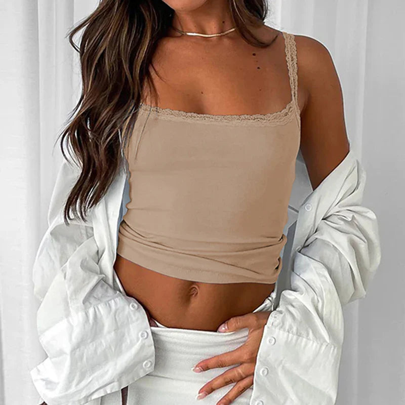 Basic Strap Lace Trim Crop Knit Top