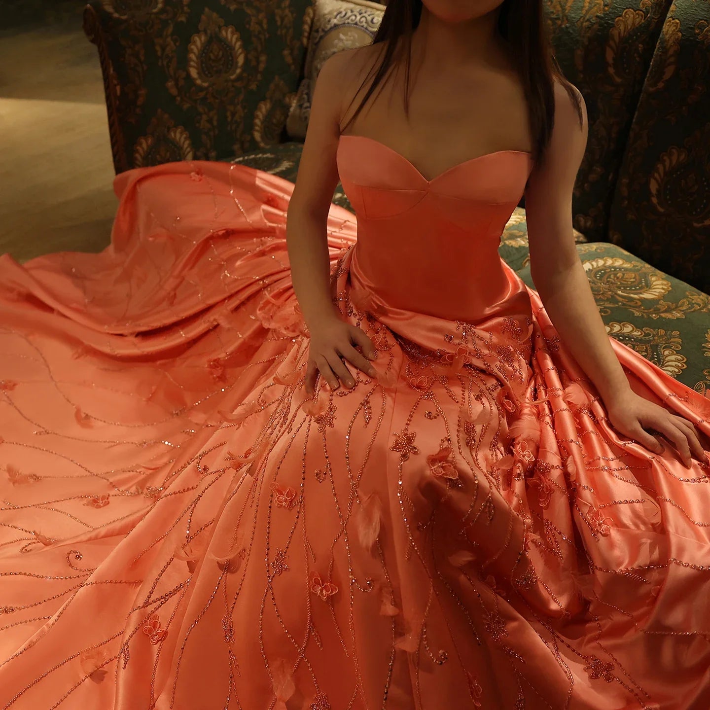 Coral Pink 3D Floral Evening Gown with Feathers