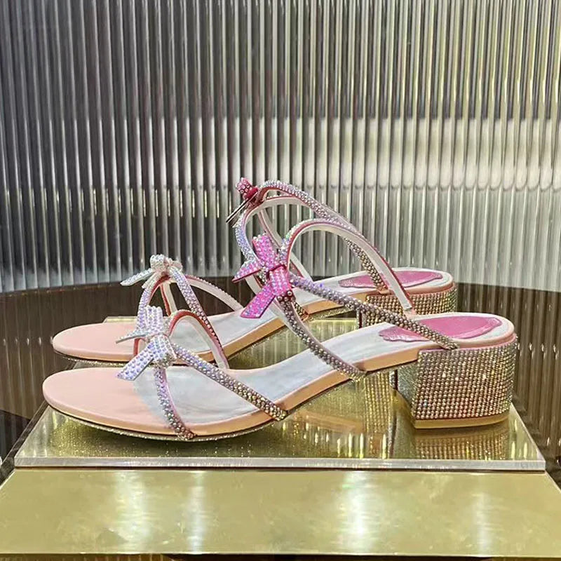 Square Heels Crystal Butterfly-knot Party Shoes