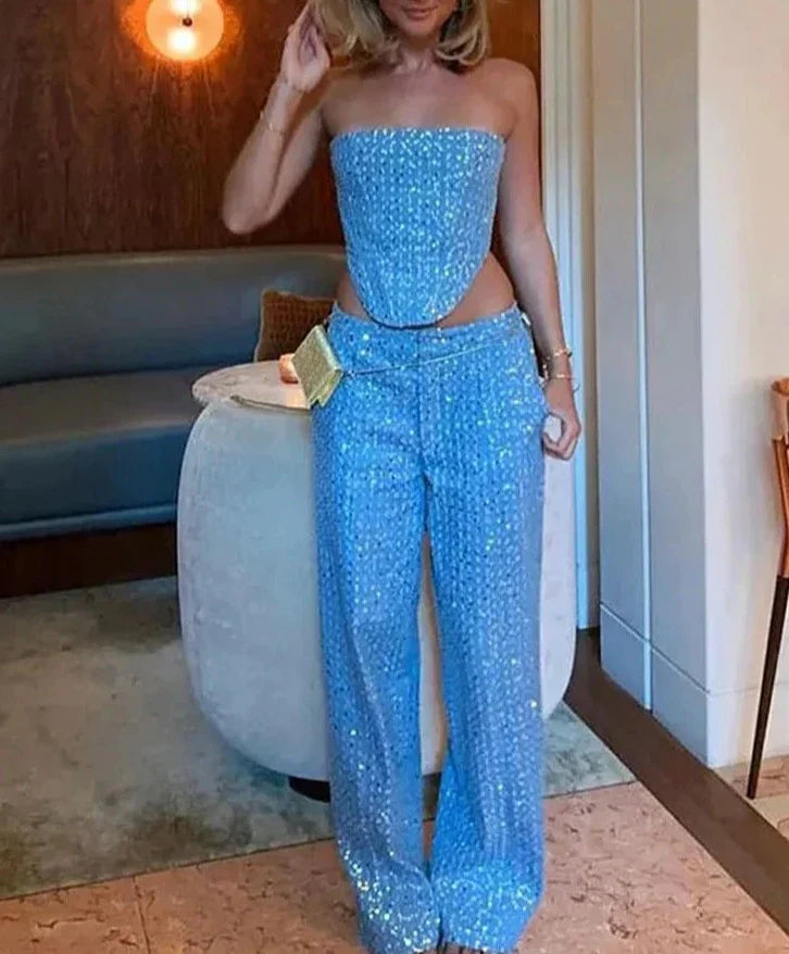 Sequins Strapless Short Skirt Denim Pants and Corset Set