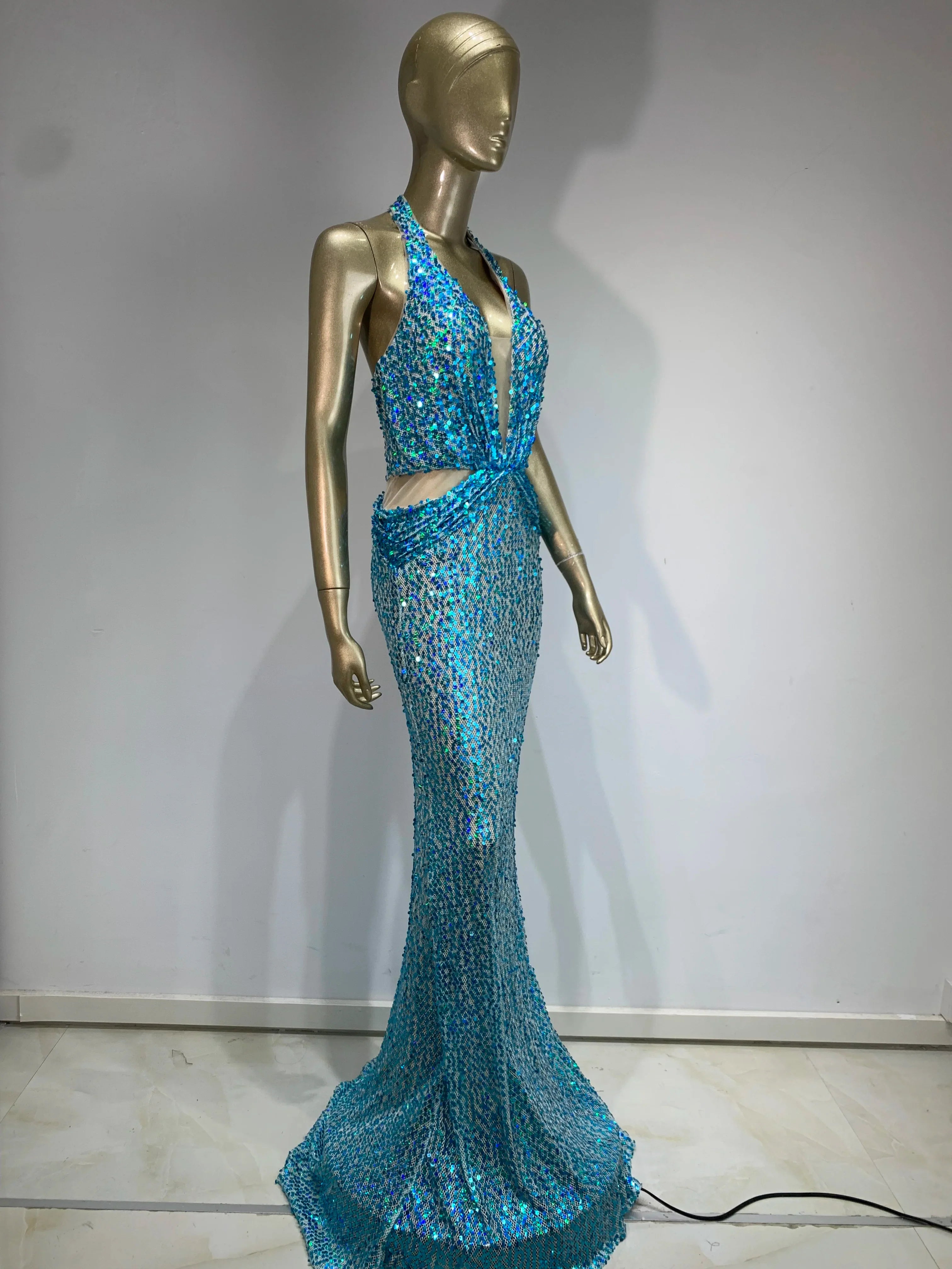 Halter Blue Sequins Sparkly Glitter Maxi Dress