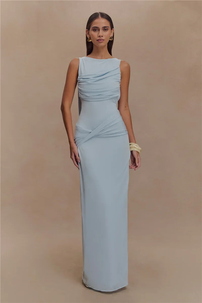 Backless Ruched O Neck Thigh High Split Long Dress