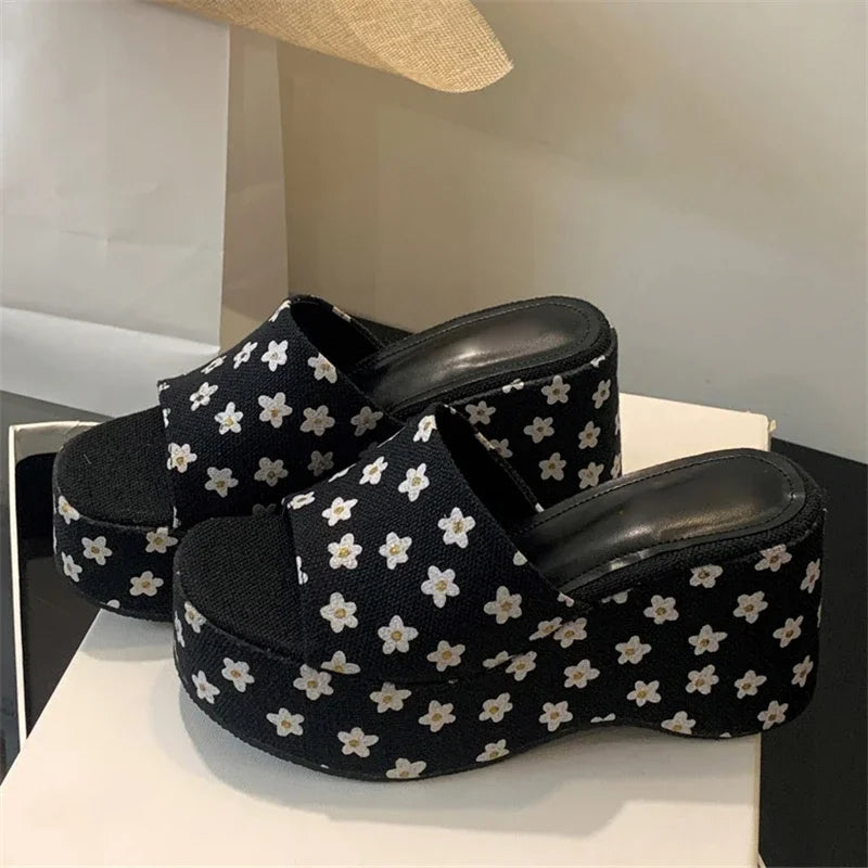 Flower Platform Wedges Open Toe Ladies Shoes