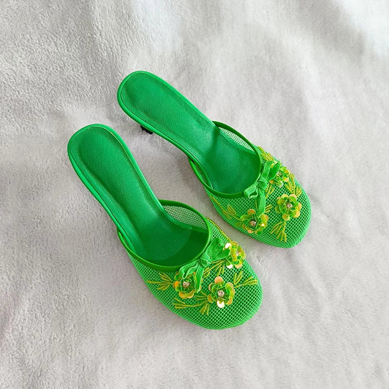 Mesh Thin heel Slip on Sandals