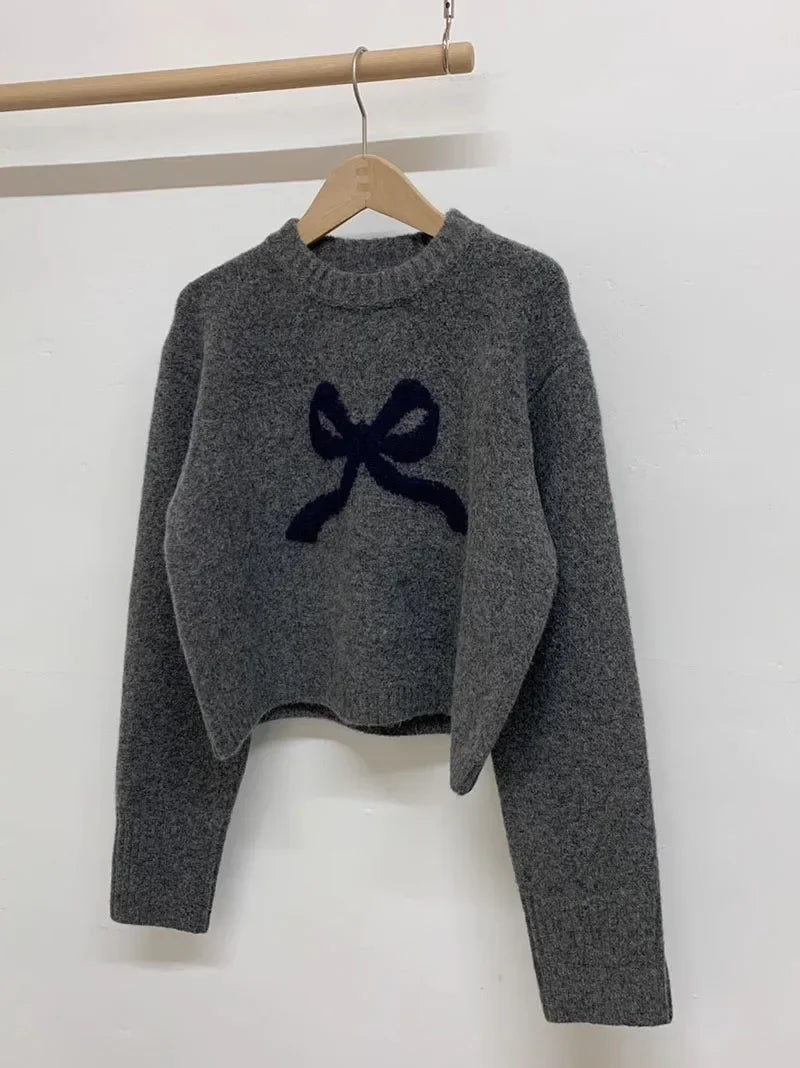 Cute Bow Knitted O neck Long Sleeve Sweater
