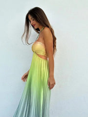 Satin Gradient Pleated Sleeveless Maxi Dress