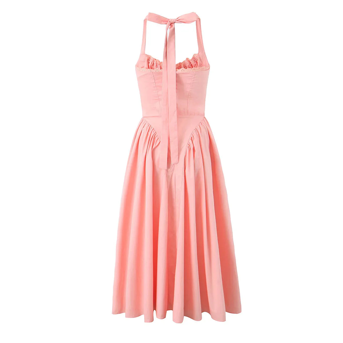 Corset Style Bow Halter Spliced Lace Midi Dress